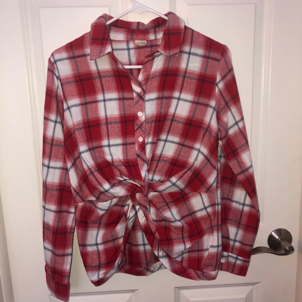 Red Plaid Flannel Top Tie Front